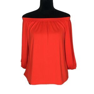 NWT Ann Taylor Top SMALL Red Orange Bold Jersey Knit Off Shoulder Elbow Sl